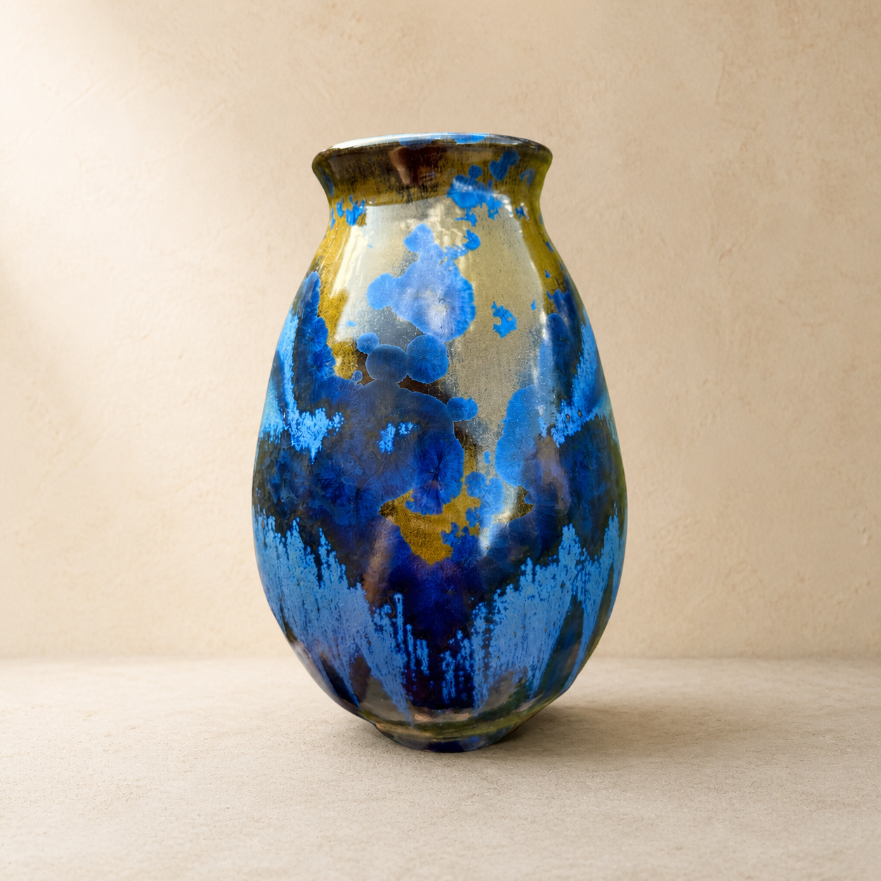 Blue and gold crystalline-glazed ceramic vase by Mark Barta