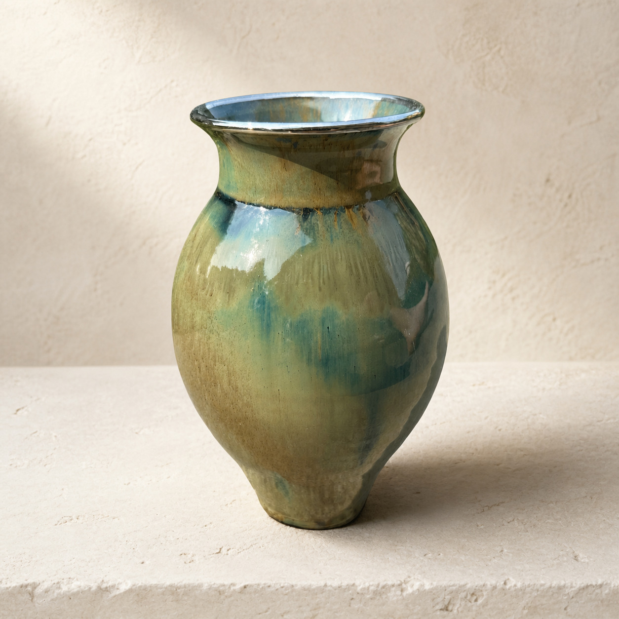 Green and cream wheel-thrown ceramic vase by Mark Barta