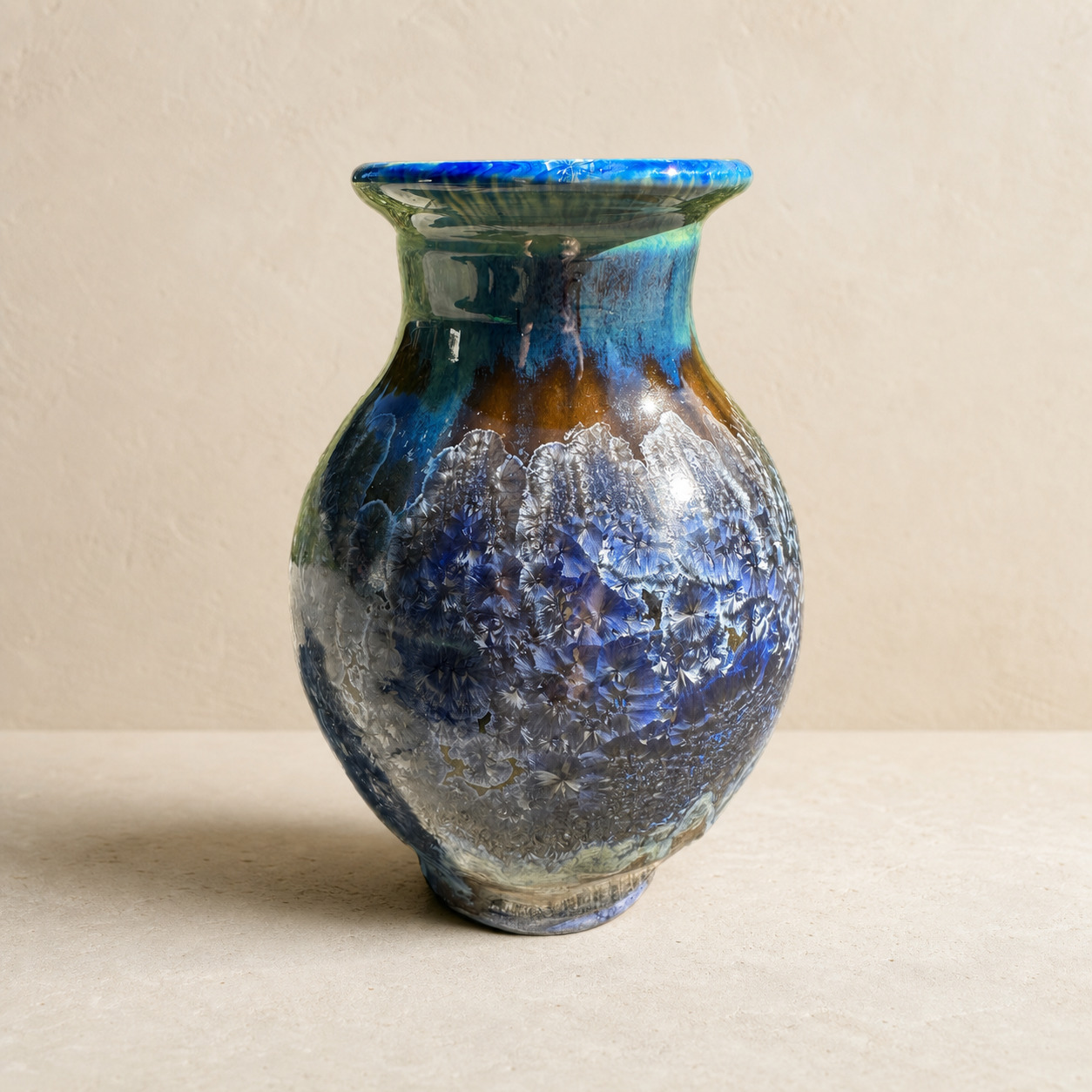 Rounded blue and silver crystalline-glazed vase by Mark Barta