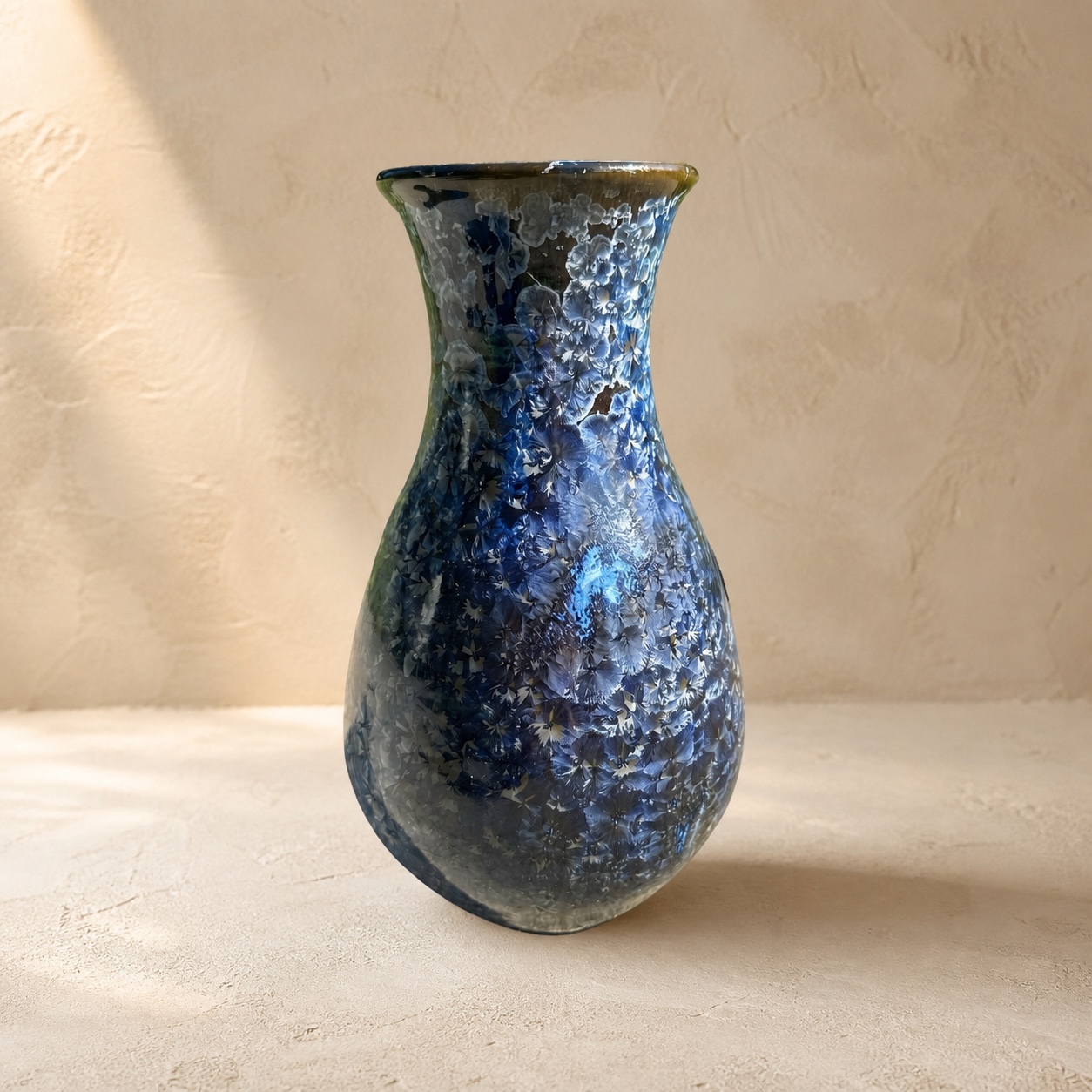 Textured blue and silver crystalline-glazed vase by Mark Barta