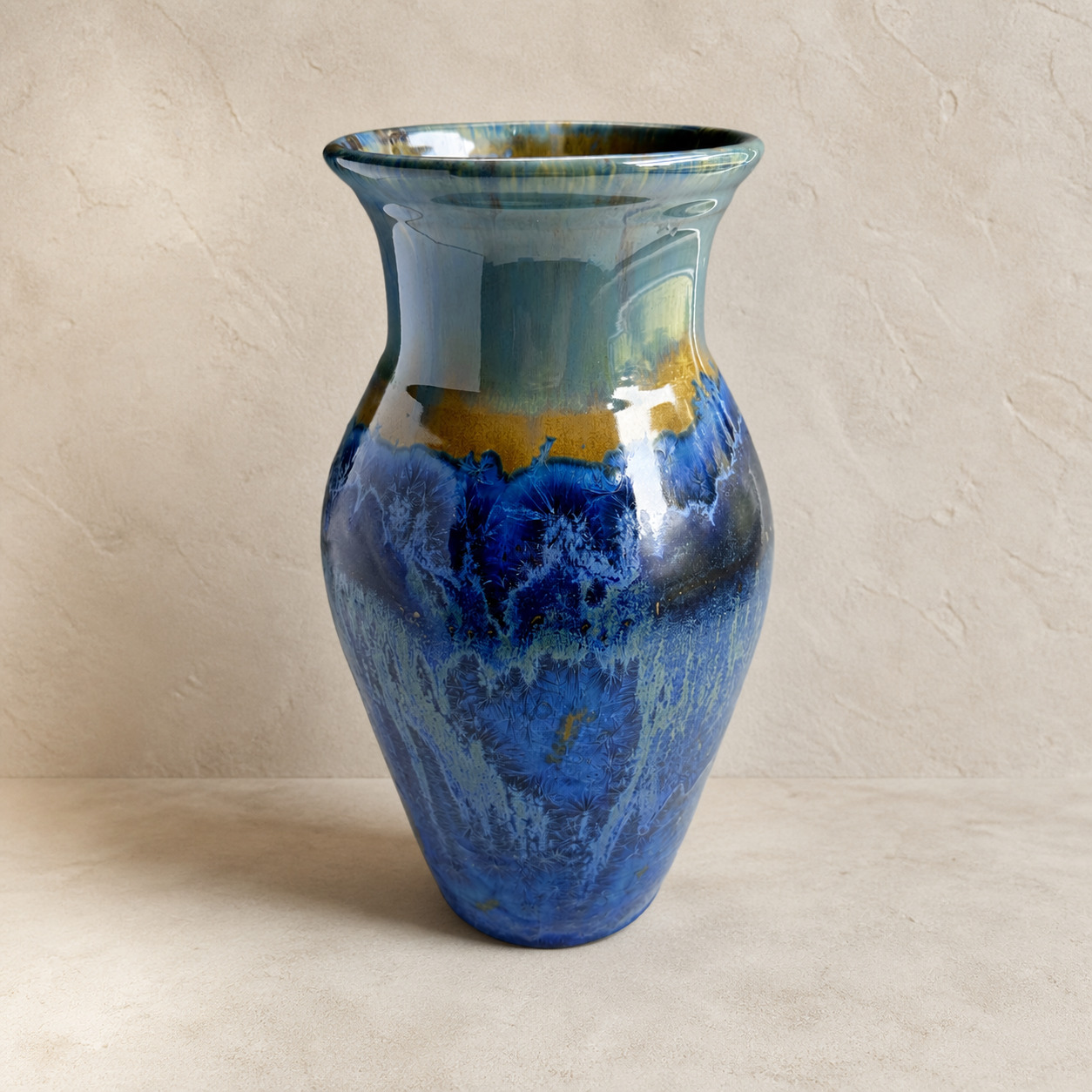 Tall blue crystalline-glazed ceramic vase by Mark Barta