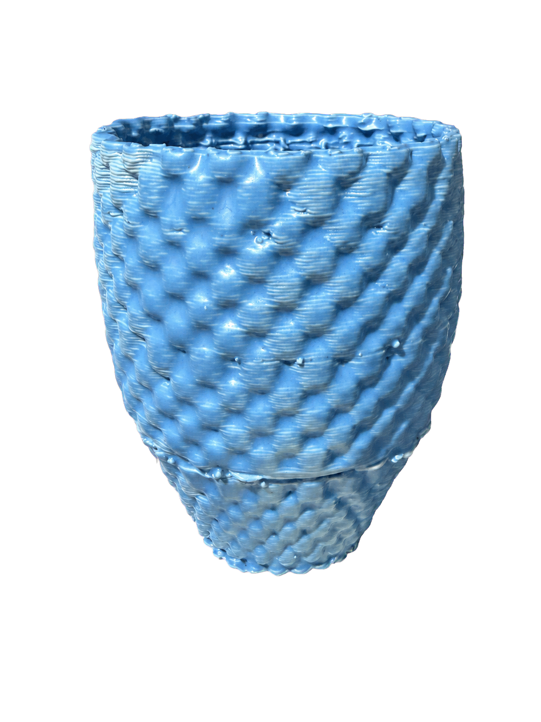 Blue glazed clay 3D-printed vessel with layered scalloped texture by Mark Barta