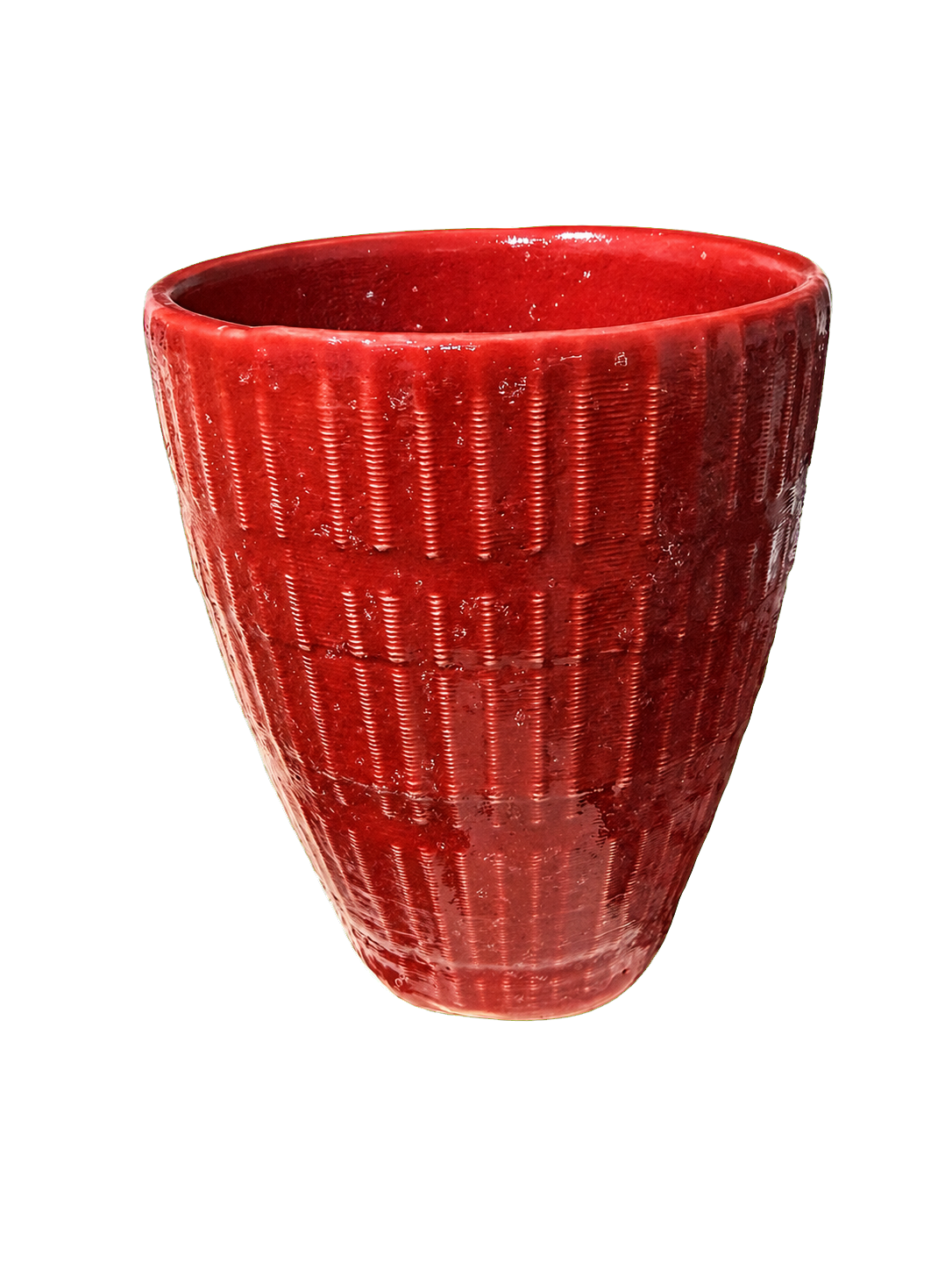 Red glazed clay 3D-printed cup with repeating vertical texture by Mark Barta