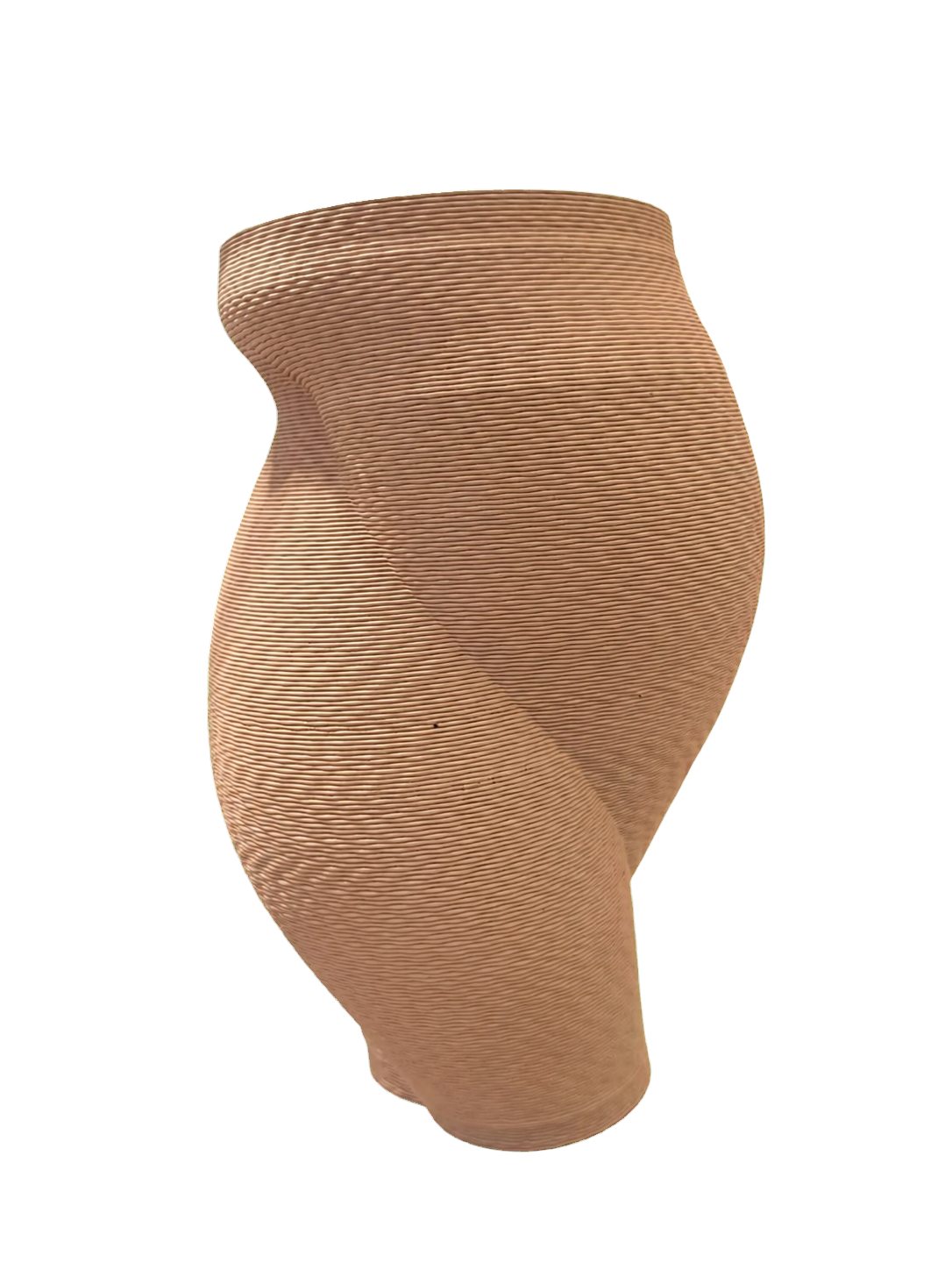 Unfired clay 3D-printed vessel with an S-curved profile and visible horizontal layers by Mark Barta