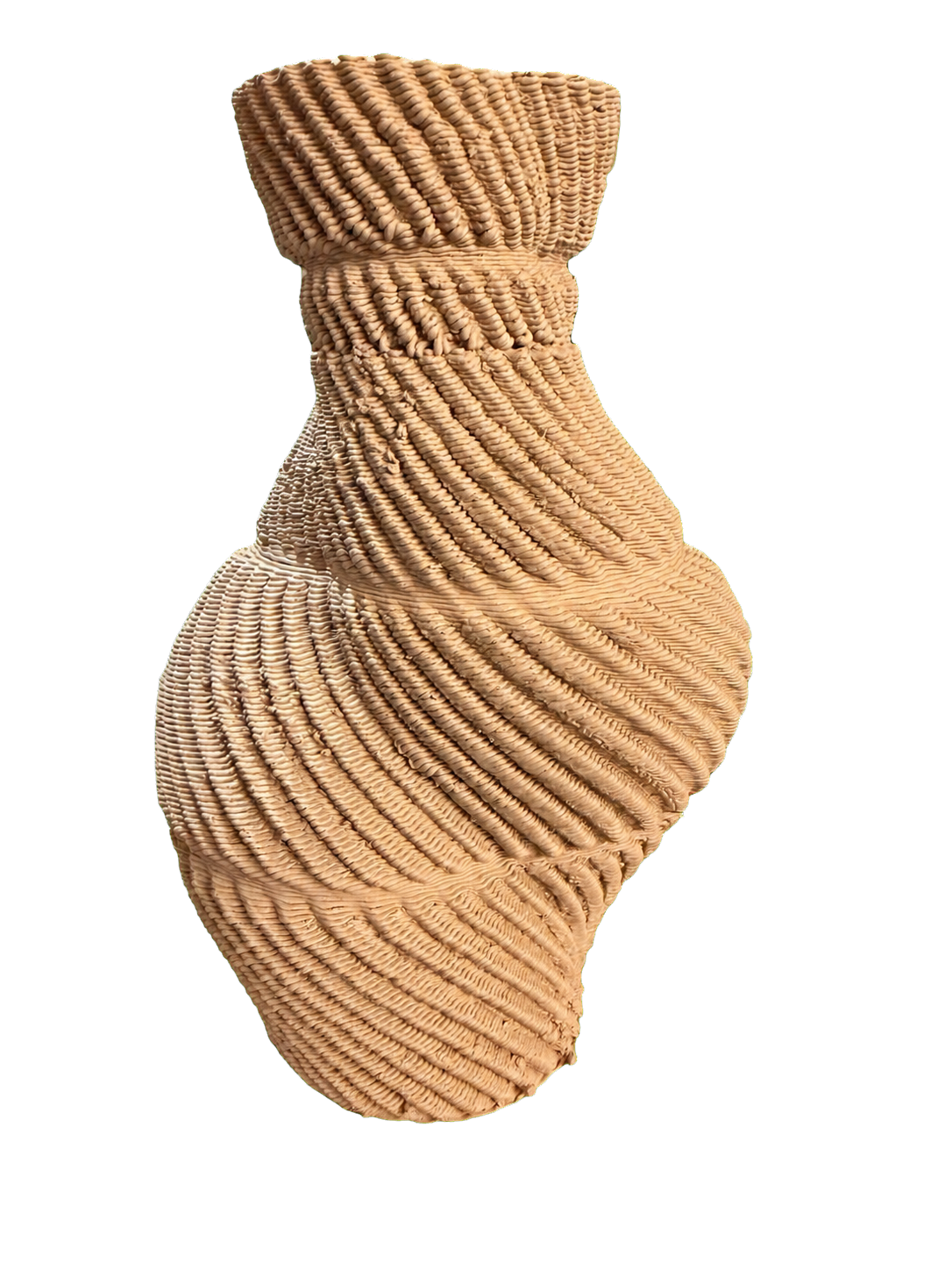 Unfired clay 3D-printed vessel wrapped in diagonal extrusion ridges by Mark Barta