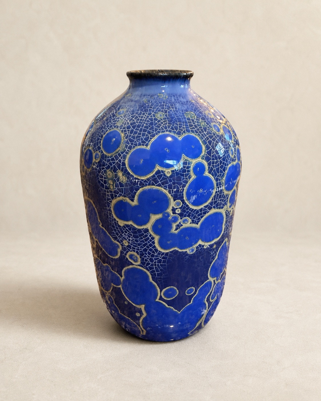 Cobalt ceramic vase with blue crystalline pools and fine crackle by Mark Barta