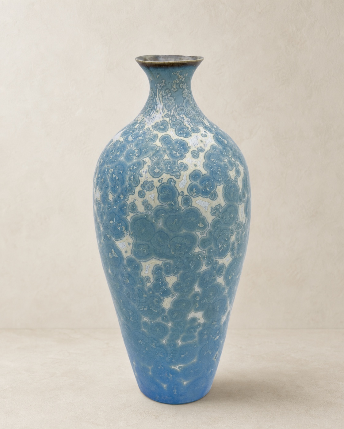 Tall pale blue crystalline-glazed ceramic vase by Mark Barta