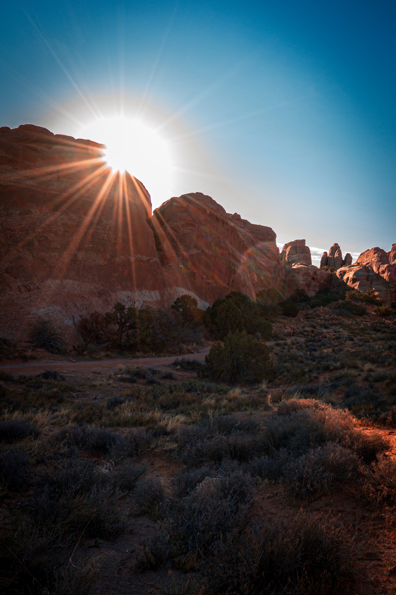 Morning sun forming a starburst above dark sandstone fins and desert shrubs in Arches National Park